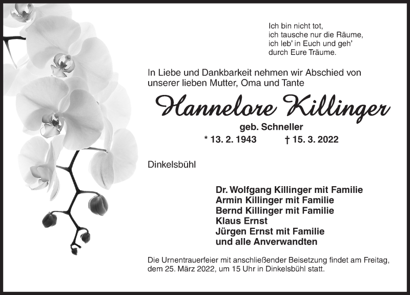  Traueranzeige für Hannelore Killinger vom 24.03.2022 aus Dinkelsbühl/ Feuchtwangen