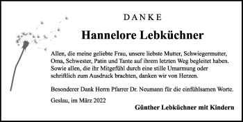 Traueranzeige von Hannelore Lebküchner von Ansbach