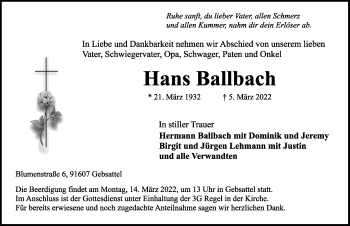 Traueranzeige von Hans Ballbach von Rothenburg