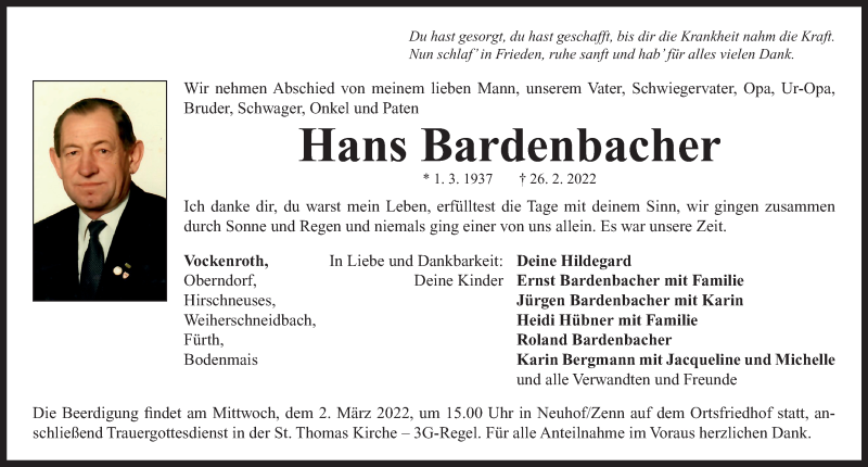  Traueranzeige für Hans Bardenbacher vom 01.03.2022 aus Neustadt/ Scheinfeld/ Uffenheim