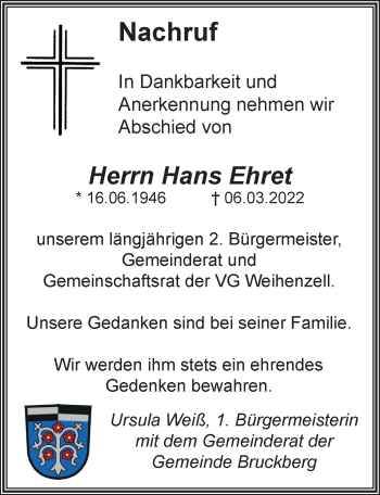 Traueranzeige von Hans Ehret von Ansbach