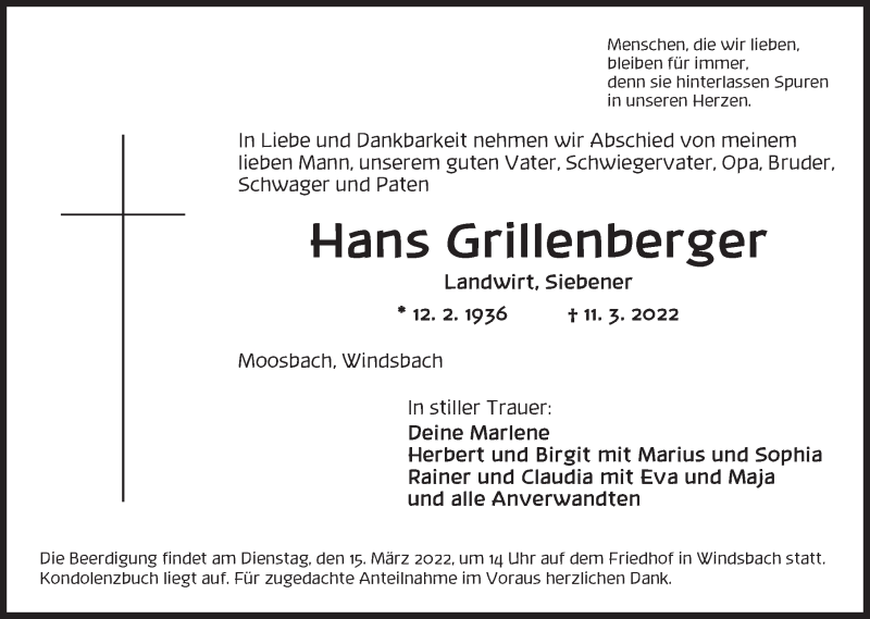  Traueranzeige für Hans Grillenberger vom 12.03.2022 aus Ansbach