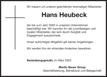 Traueranzeige von Hans Heubeck von Neustadt/ Scheinfeld/ Uffenheim