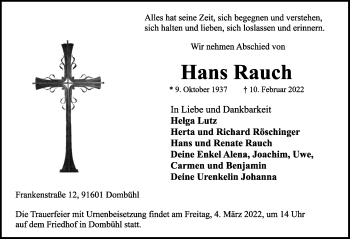 Traueranzeige von Hans Rauch von Rothenburg