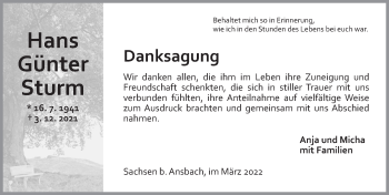 Traueranzeige von Hans Günter Sturm von Ansbach