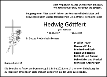 Traueranzeige von Hedwig Göttfert von Rothenburg