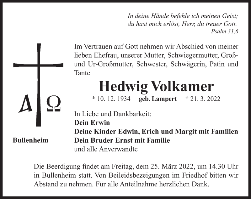  Traueranzeige für Hedwig Volkamer vom 24.03.2022 aus Neustadt/ Scheinfeld/ Uffenheim