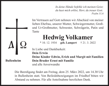 Traueranzeige von Hedwig Volkamer von Neustadt/ Scheinfeld/ Uffenheim