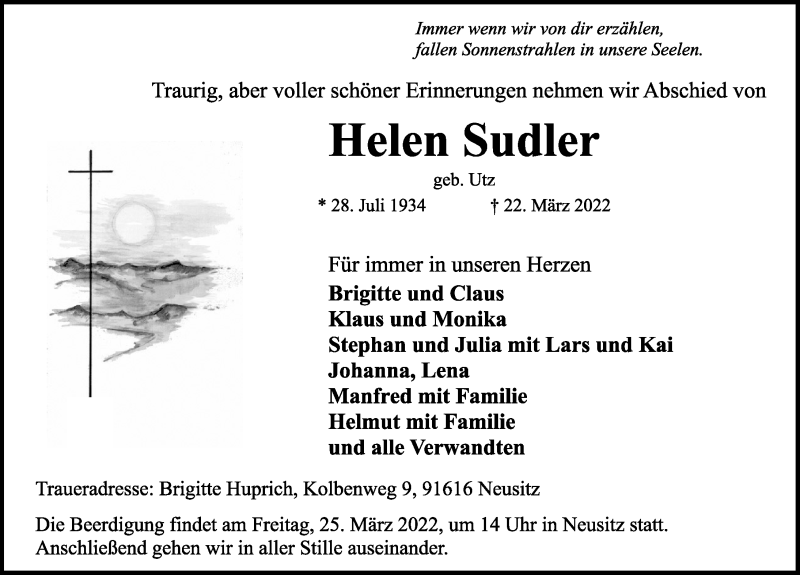  Traueranzeige für Helen Sudler vom 24.03.2022 aus Rothenburg