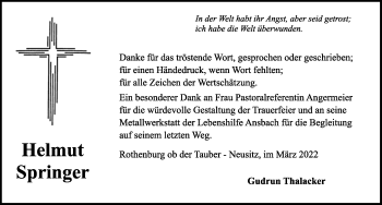 Traueranzeige von Helmut Springer von Rothenburg