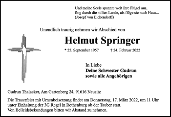Traueranzeige von Helmut Springer von Rothenburg