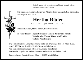 Traueranzeige von Hertha Räder von Neustadt/ Scheinfeld/ Uffenheim