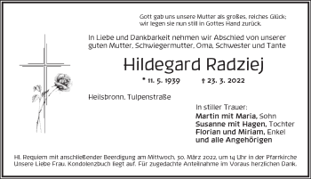 Traueranzeige von Hildegard Radziej von Ansbach