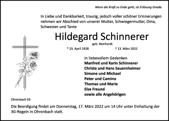 Traueranzeige von Hildegard Schinnerer von Rothenburg