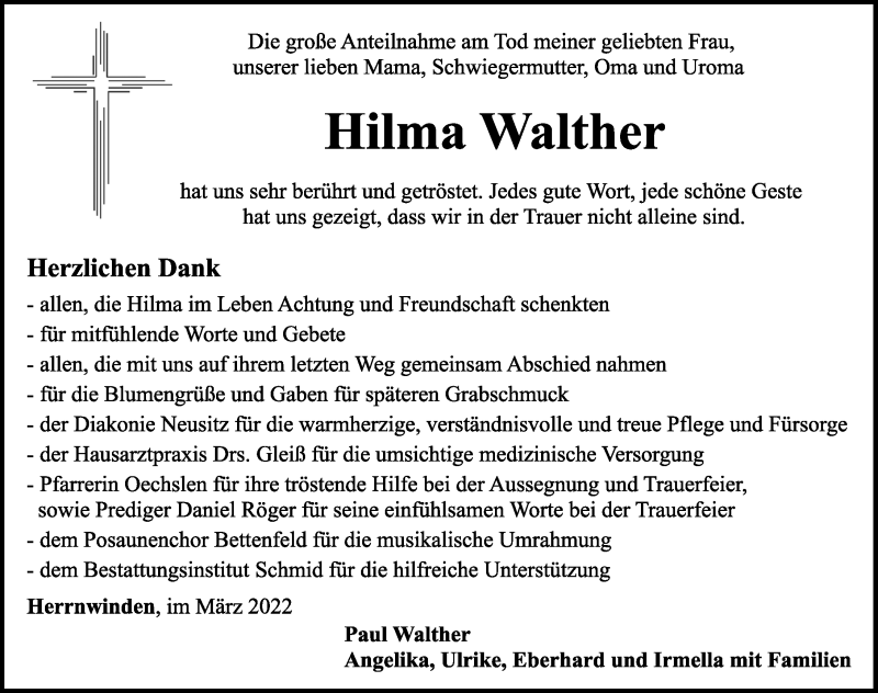  Traueranzeige für Hilma Walther vom 25.03.2022 aus Rothenburg