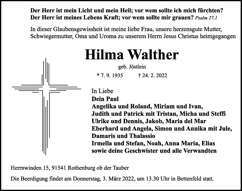  Traueranzeige für Hilma Walther vom 01.03.2022 aus Rothenburg