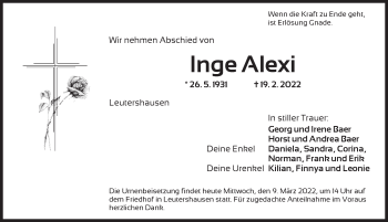 Traueranzeige von Inge Alexi von Ansbach