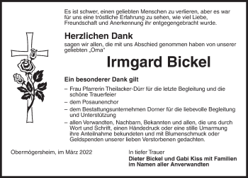 Traueranzeige von Irmgard Bickel von Dinkelsbühl/ Feuchtwangen