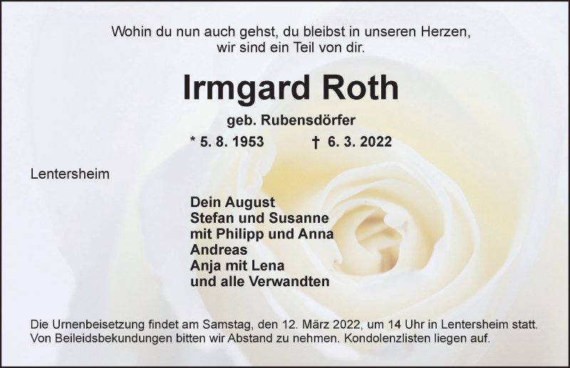  Traueranzeige für Irmgard Roth vom 10.03.2022 aus Dinkelsbühl/ Feuchtwangen