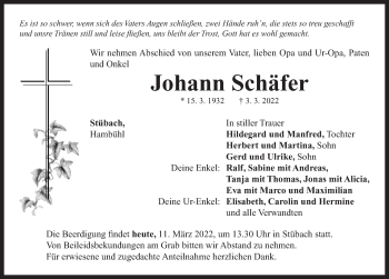 Traueranzeige von Johann Schäfer von Neustadt/ Scheinfeld/ Uffenheim