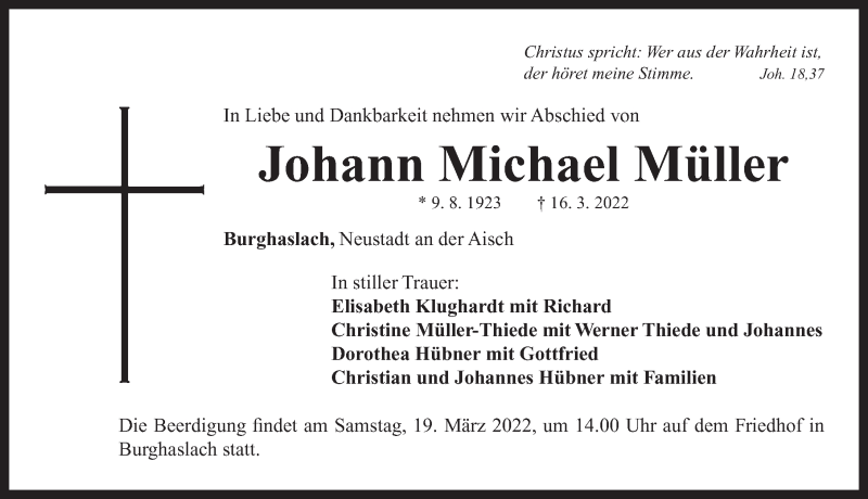  Traueranzeige für Johann Michael Müller vom 18.03.2022 aus Neustadt/ Scheinfeld/ Uffenheim