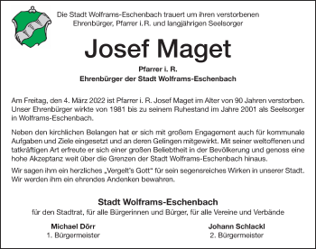 Traueranzeige von Josef Maget von Ansbach