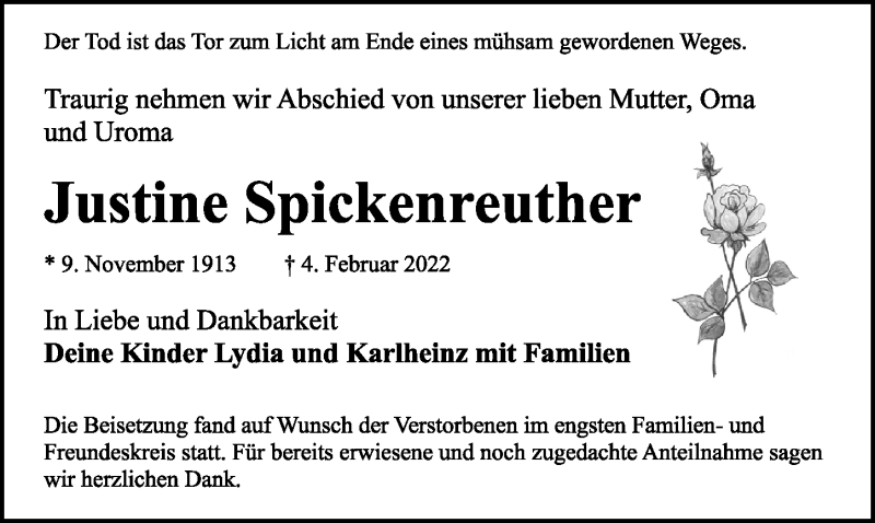  Traueranzeige für Justine Spickenreuther vom 12.03.2022 aus Rothenburg