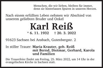 Traueranzeige von Karl Reiß von Ansbach