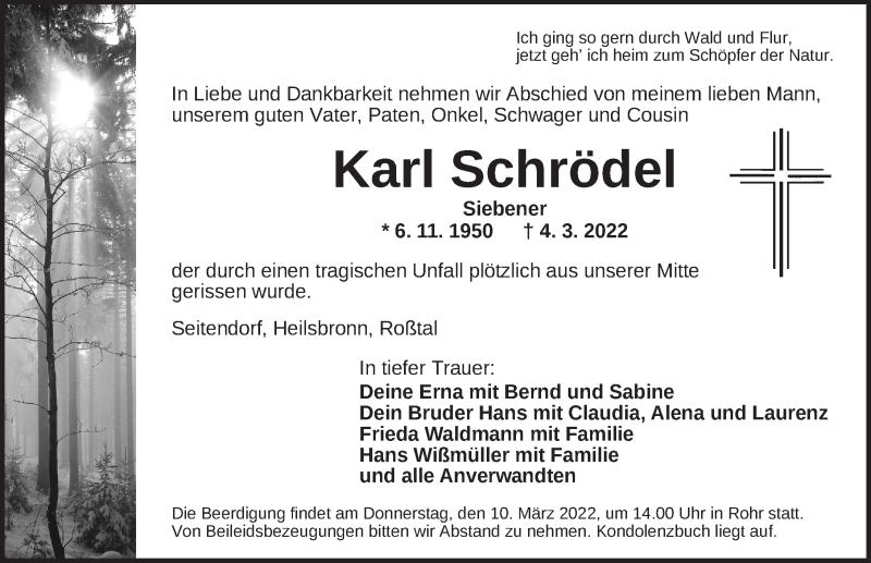  Traueranzeige für Karl Schrödel vom 08.03.2022 aus Ansbach