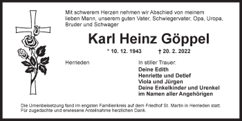 Traueranzeige von Karl Heinz Göppel von Ansbach