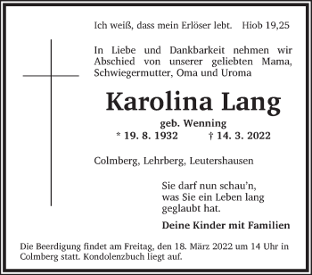 Traueranzeige von Karolina Lang von Ansbach