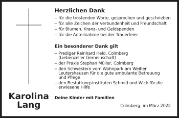 Traueranzeige von Karolina Lang von Ansbach