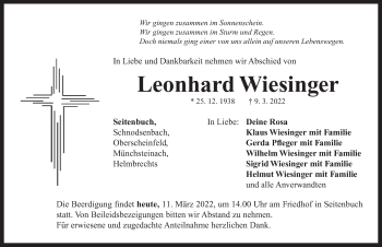 Traueranzeige von Leonhard Wiesinger von Neustadt/ Scheinfeld/ Uffenheim