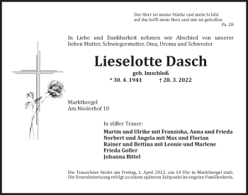 Traueranzeige von Lieselotte Dasch von Neustadt/ Scheinfeld/ Uffenheim