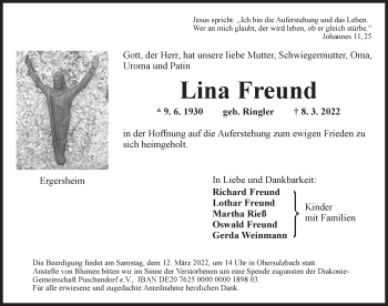 Traueranzeige von Lina Freund von Ansbach