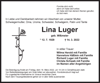 Traueranzeige von Lina Luger von Ansbach