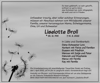 Traueranzeige von Liselotte Broll von Dinkelsbühl/ Feuchtwangen