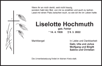 Traueranzeige von Liselotte Hochmuth von Neustadt/ Scheinfeld/ Uffenheim