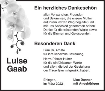 Traueranzeige von Luise Gaab von Dinkelsbühl/ Feuchtwangen