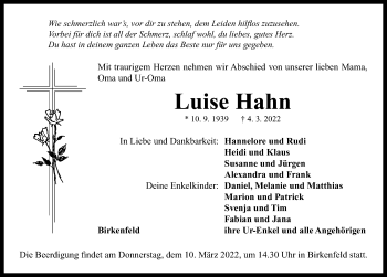 Traueranzeige von Luise Hahn von Neustadt/ Scheinfeld/ Uffenheim