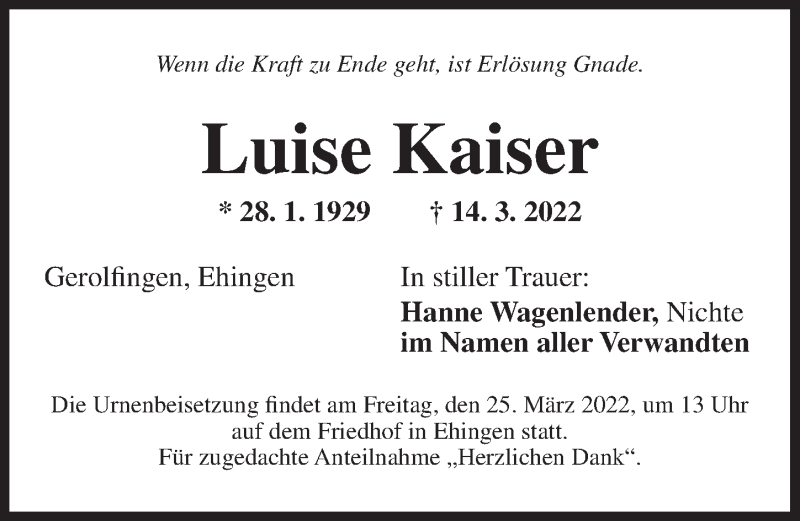  Traueranzeige für Luise Kaiser vom 24.03.2022 aus Dinkelsbühl/ Feuchtwangen