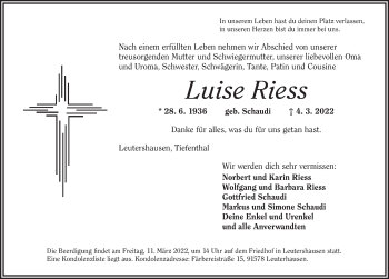 Traueranzeige von Luise Riess von Ansbach