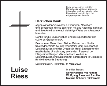 Traueranzeige von Luise Riess von Ansbach