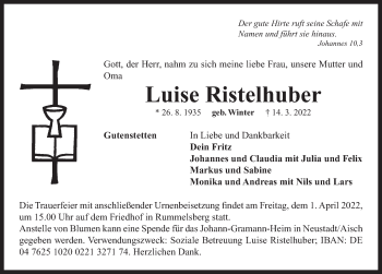 Traueranzeige von Luise Ristelhuber von Neustadt/ Scheinfeld/ Uffenheim