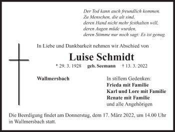 Traueranzeige von Luise Schmidt von Neustadt/ Scheinfeld/ Uffenheim