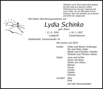 Traueranzeige von Lydia Schinko von Dinkelsbühl/ Feuchtwangen