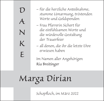 Traueranzeige von Marga Dirian von Dinkelsbühl/ Feuchtwangen