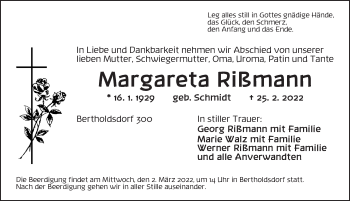 Traueranzeige von Margareta Rißmann von Ansbach