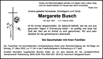Traueranzeige von Margarete Busch von Rothenburg