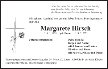 Traueranzeige von Margarete Hirsch von Neustadt/ Scheinfeld/ Uffenheim